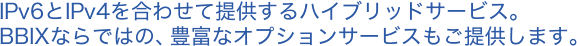 IPv6とIPv4を合わせて提供するハイブリッドサービス。BBIXならではの、豊富なオプションサービスもご提供します。